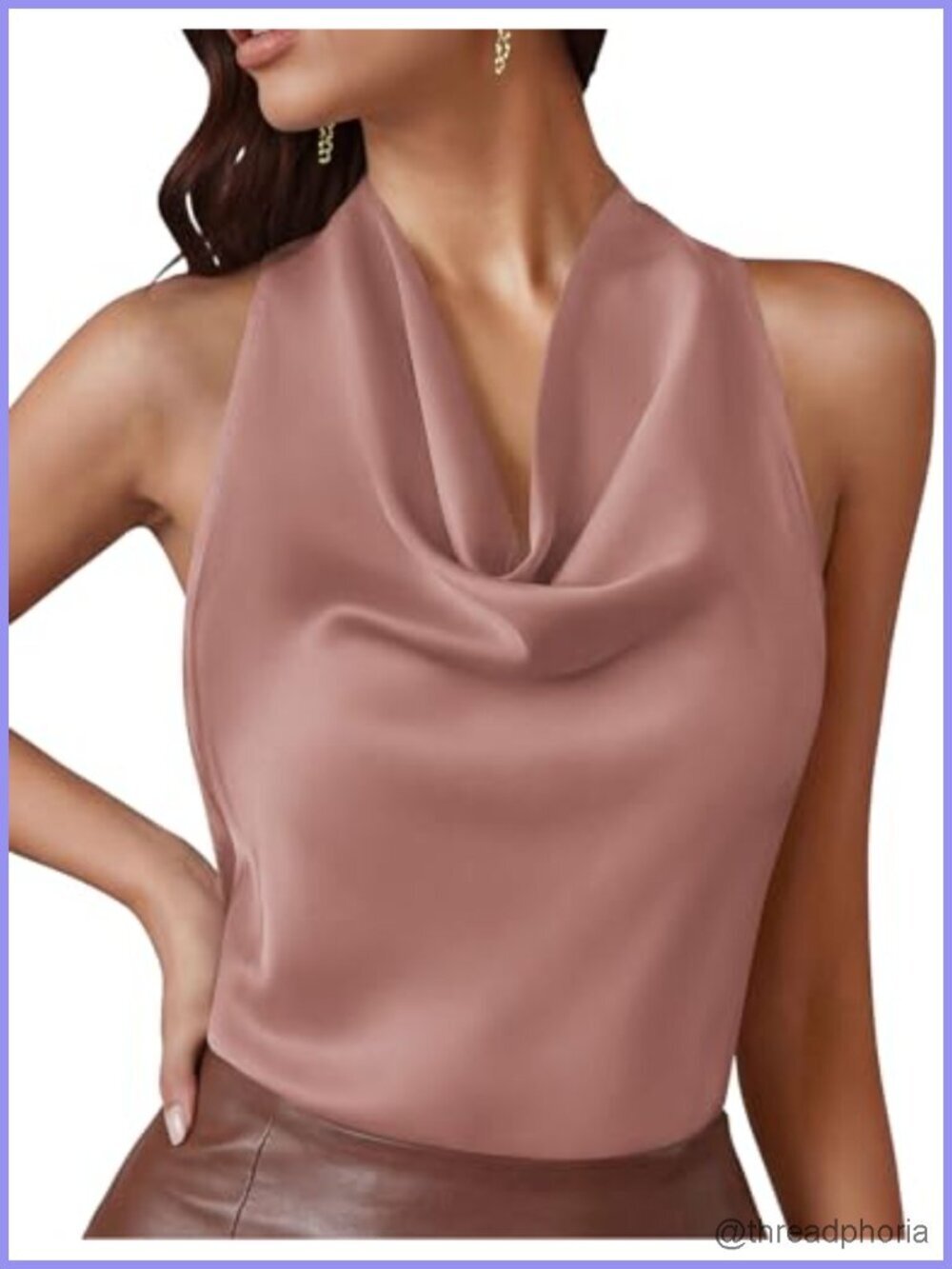 Satin Halter Tank Top Cowl Neck Tie Back Sleeveless Summer Blouse